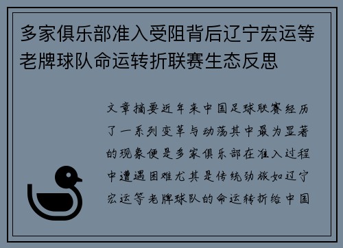 多家俱乐部准入受阻背后辽宁宏运等老牌球队命运转折联赛生态反思